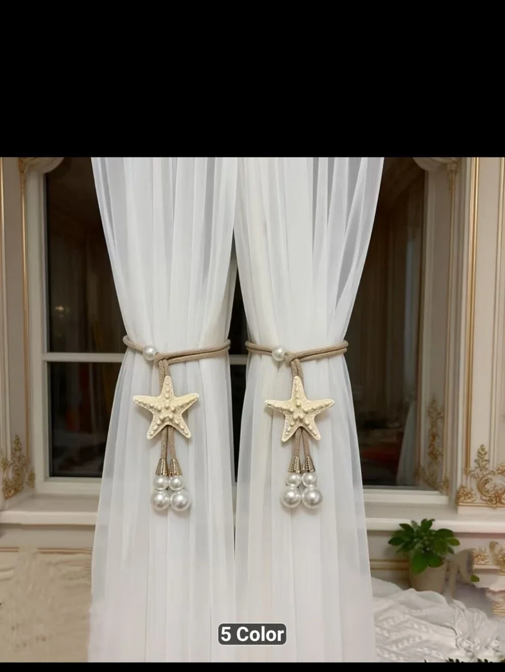New Pair of Beige Starfish Pearl Curtain Tiebacks - 1568-442